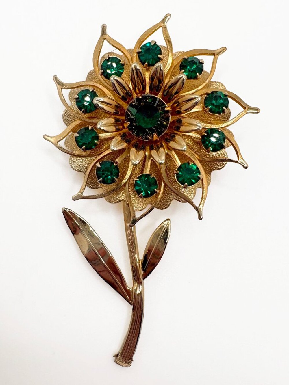 Vintage Green Rhinestone Flower Brooch Gold Tone Floral Pin